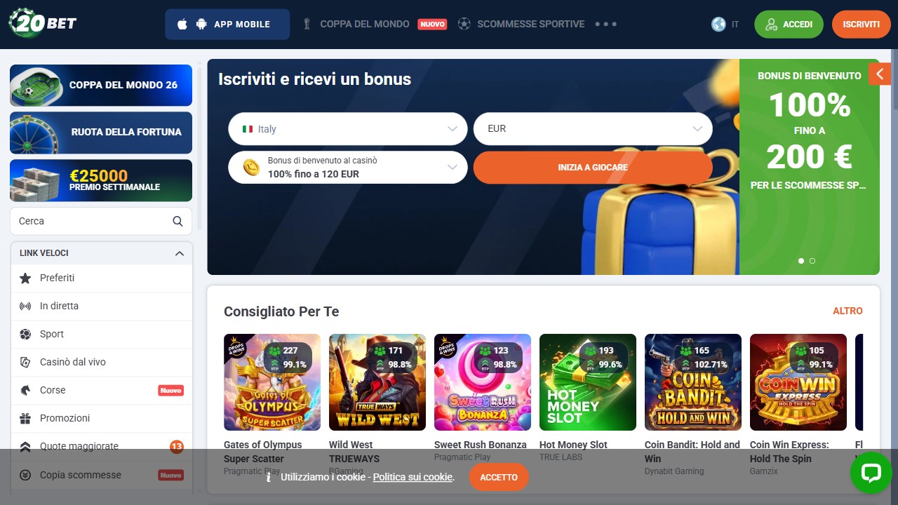 Homepage 20bet, screenshot del sito