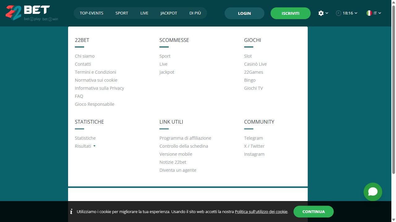 Homepage 22bet, screenshot del sito