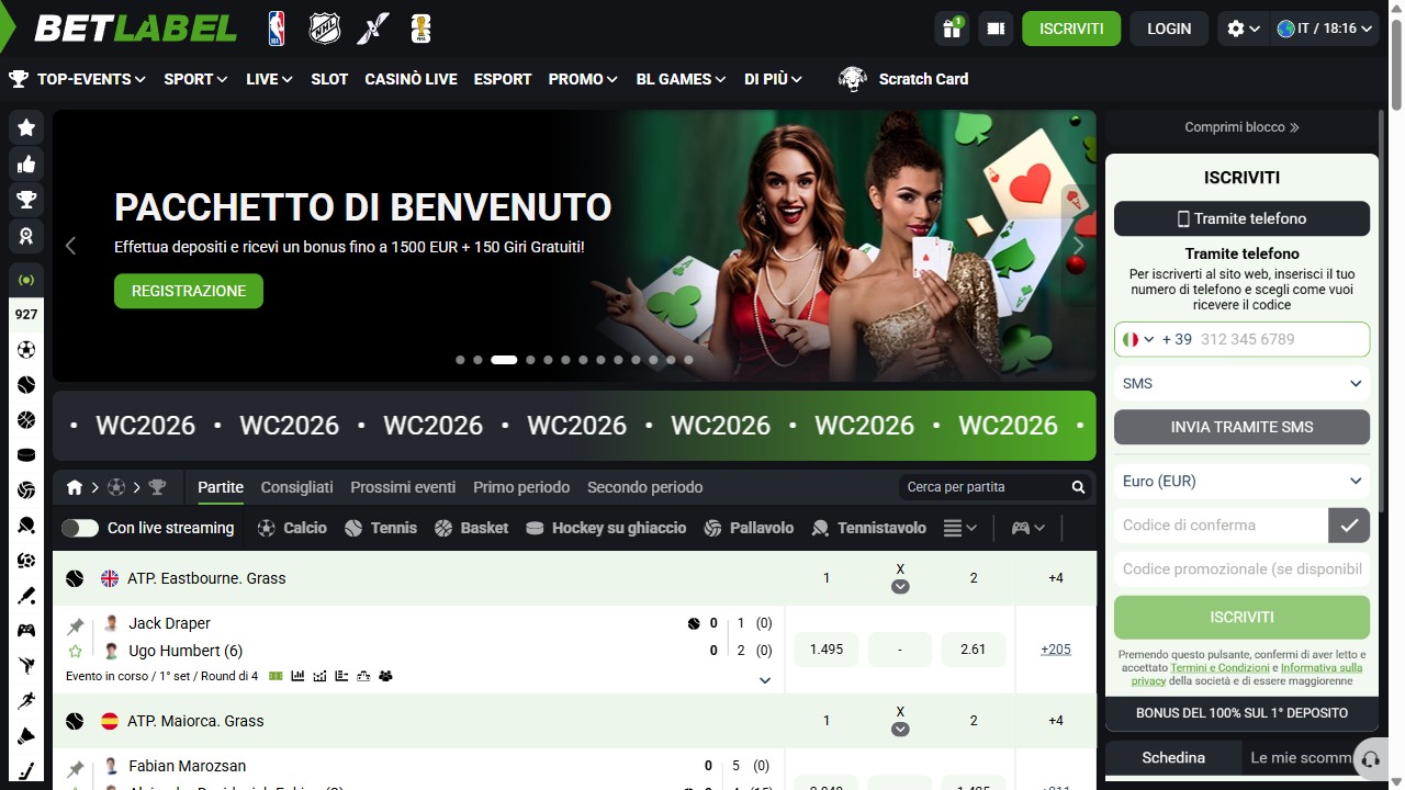Homepage BetLabel, screenshot del sito