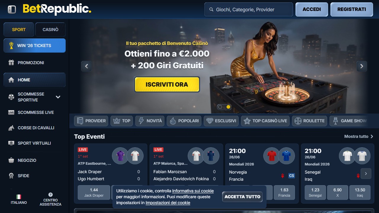 Homepage BetRepublic, screenshot del sito