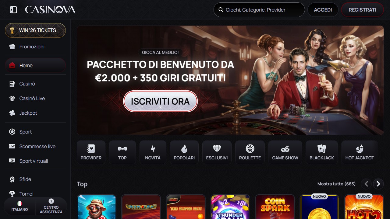 Homepage Casinova, screenshot del sito