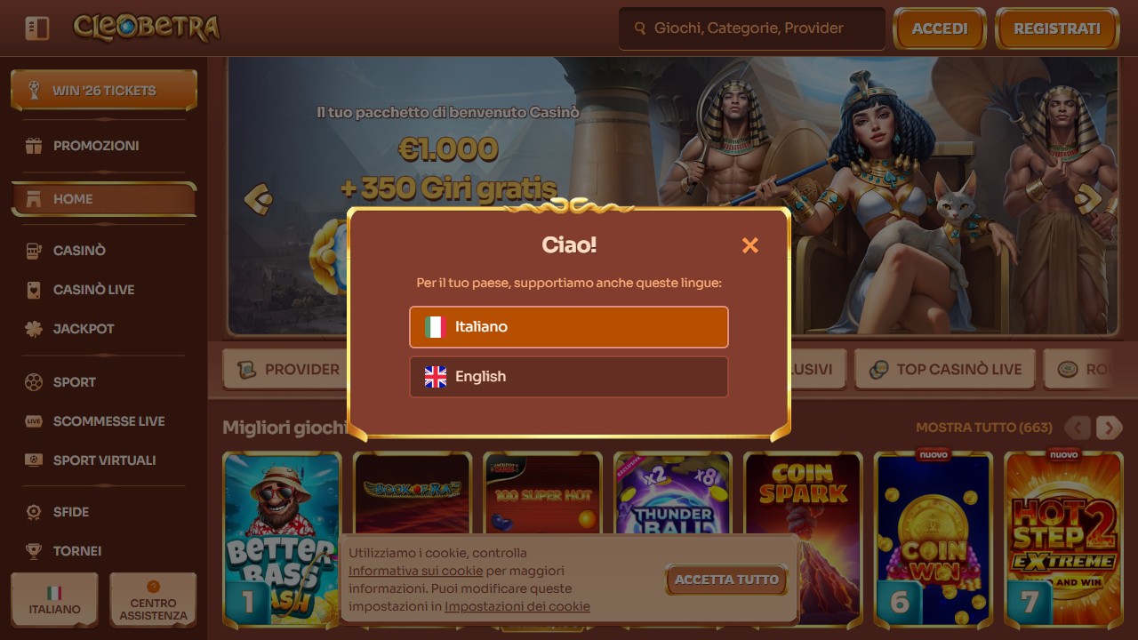 Homepage Cleobetra, screenshot del sito