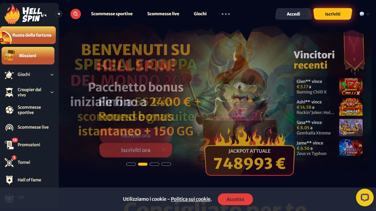 Homepage HellSpin, screenshot del sito