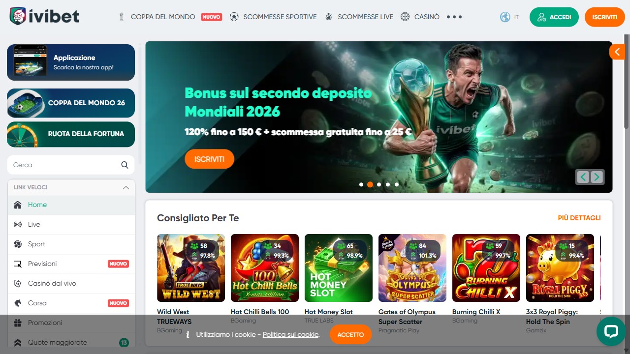 Homepage Ivibet, screenshot del sito