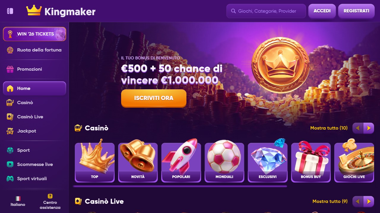 Homepage KingMakers, screenshot del sito
