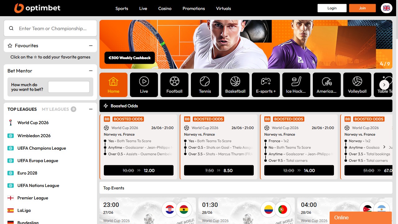 Homepage Optimbet, screenshot del sito