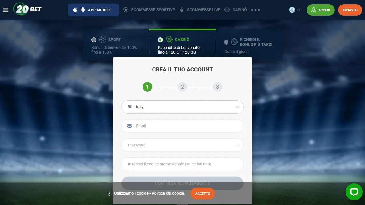 Il form di registrazione di 20bet