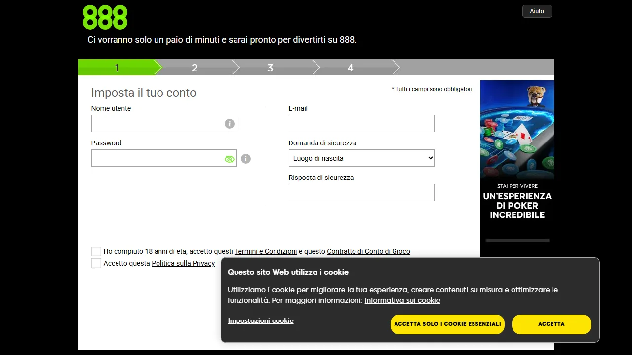 Il form di registrazione di 888-poker