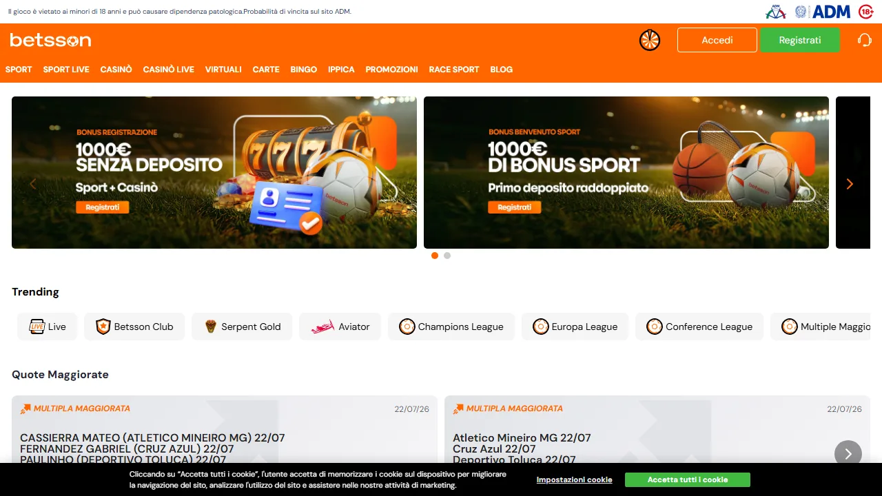 La homepage di betsson