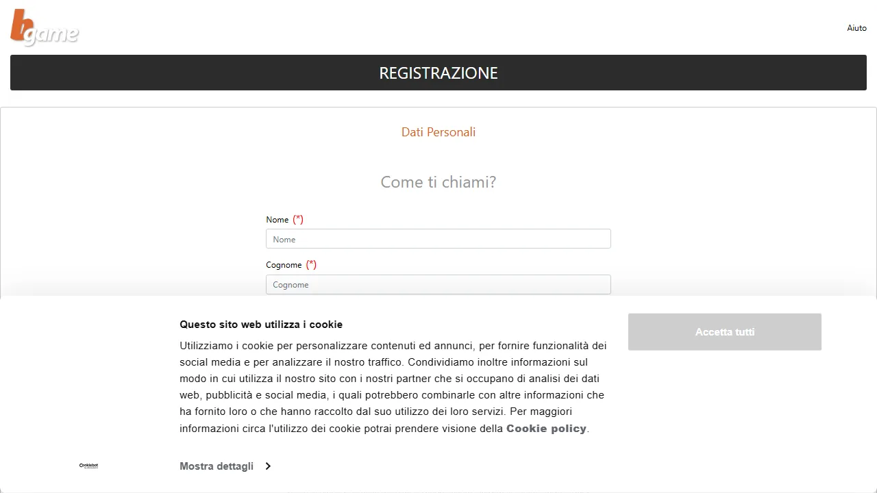 Il form di registrazione di bgame