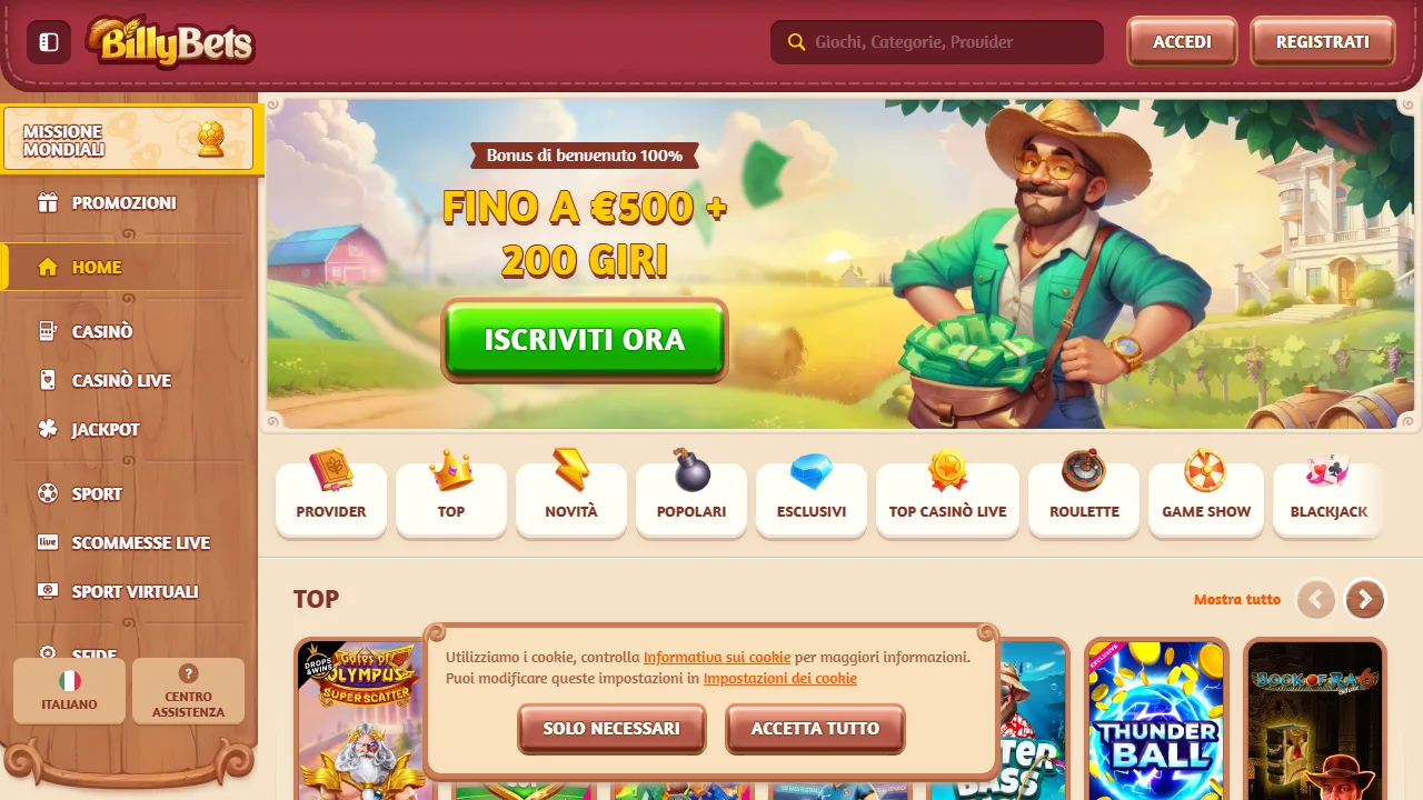 La homepage di billybet