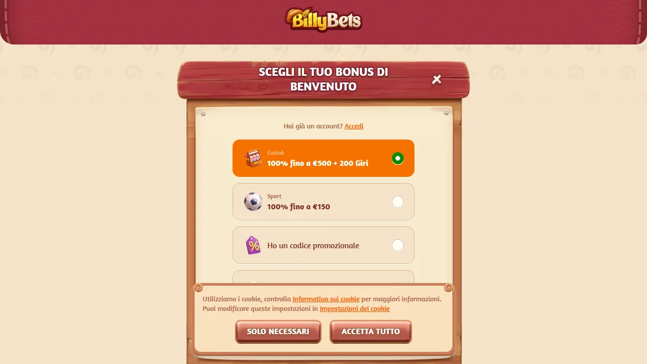 Il form di registrazione di billybet