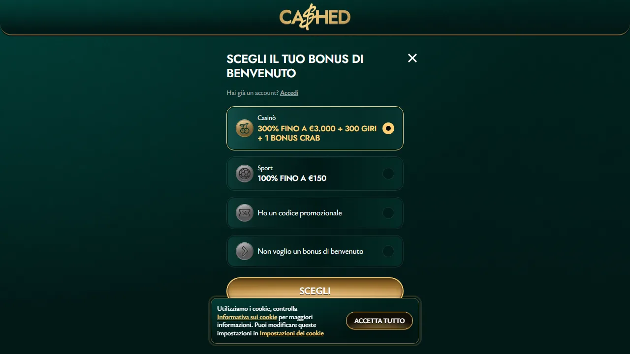Il form di registrazione di cashed