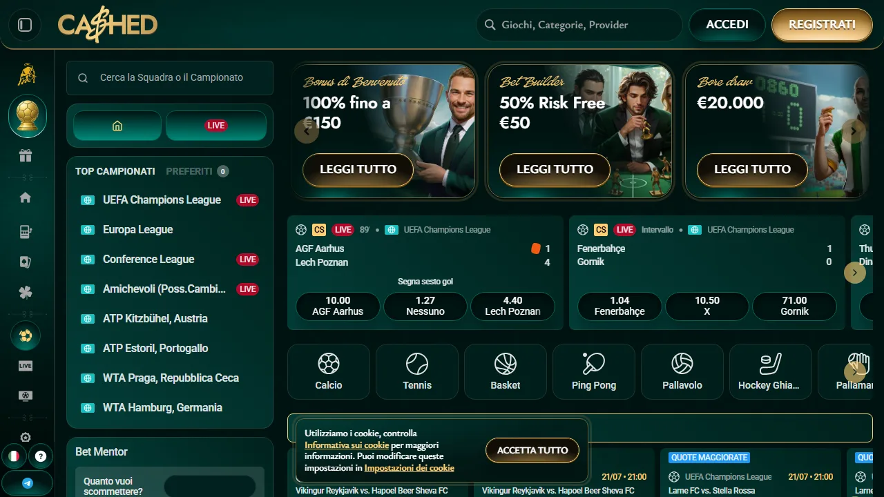 La sezione scommesse sportive di cashed