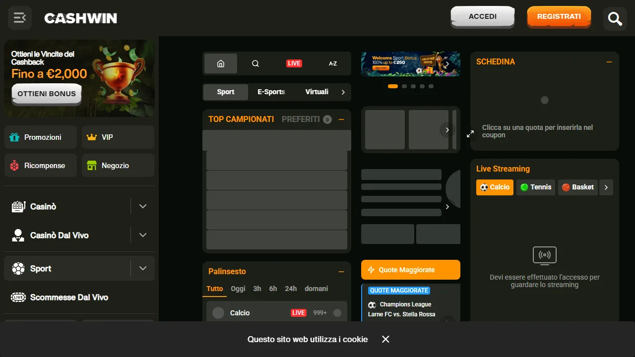 La sezione scommesse sportive di cashwin
