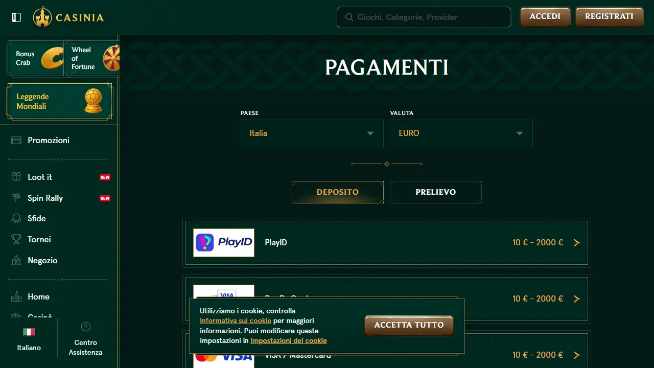 I metodi di pagamento di casinia
