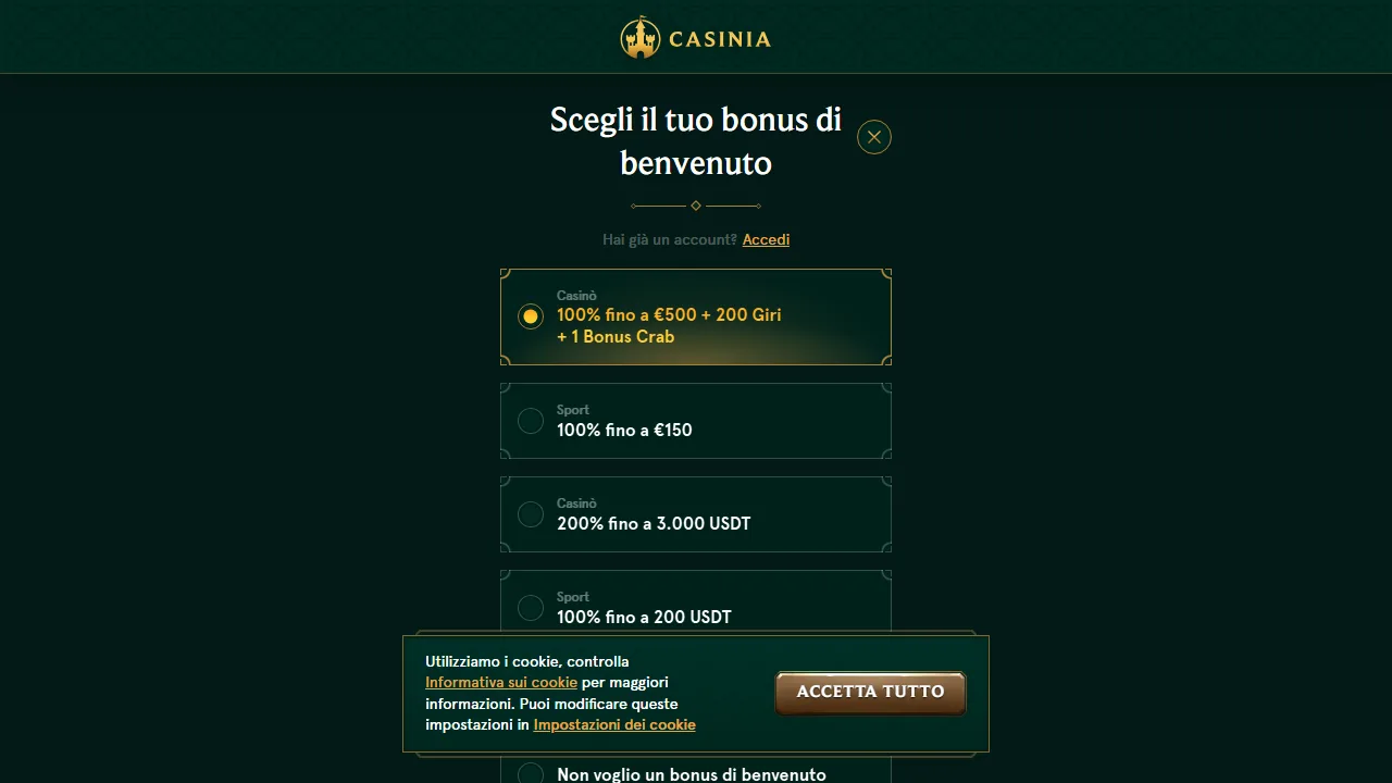 Il form di registrazione di casinia