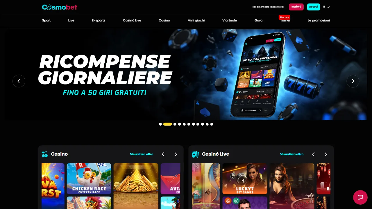 La homepage di cosmobet