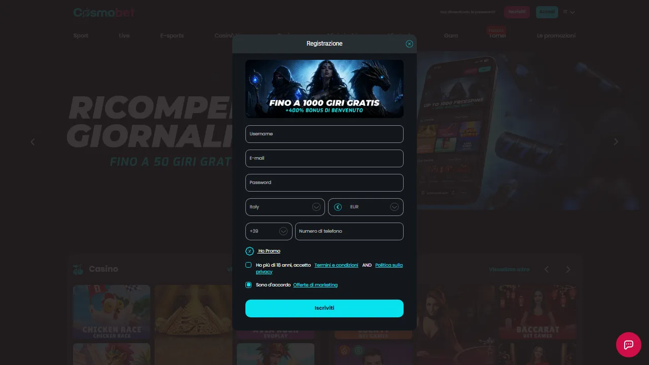 Il form di registrazione di cosmobet