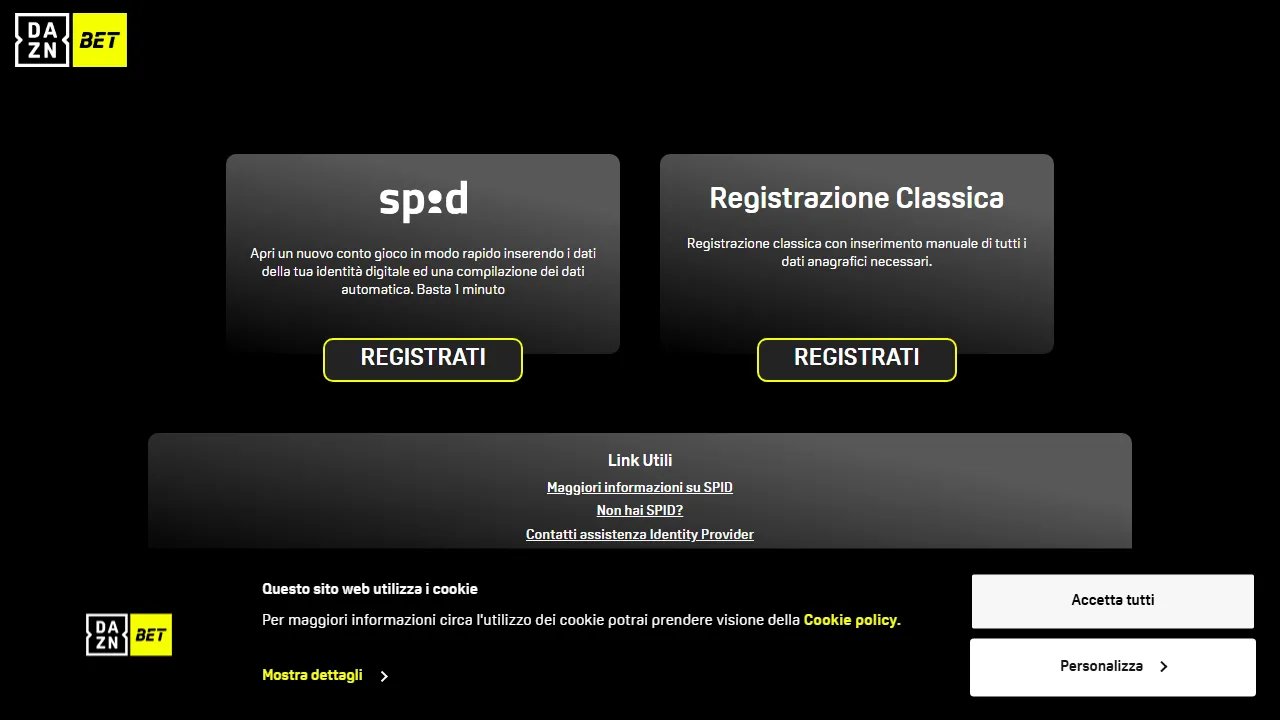 Il form di registrazione di daznbet