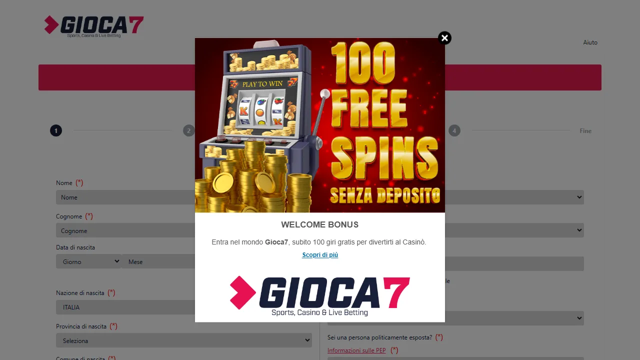 Il form di registrazione di gioca7