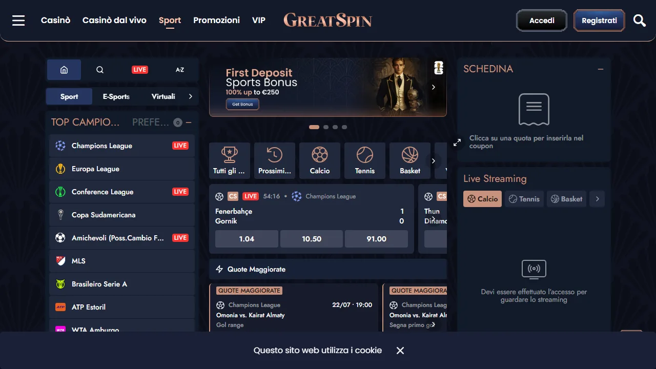 La sezione scommesse sportive di greatspin