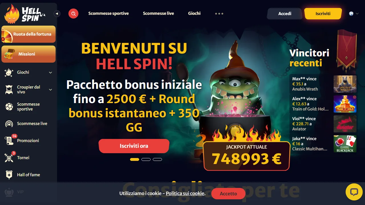La homepage di hellspin