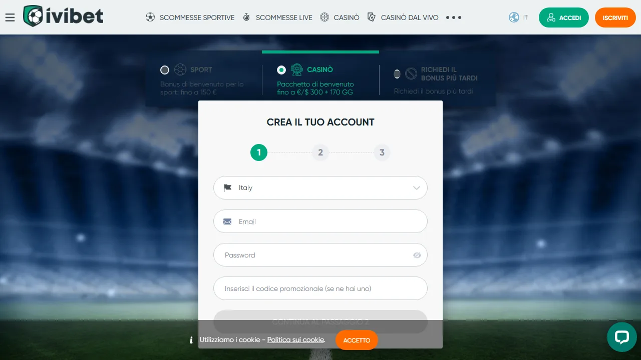 Il form di registrazione di ivibet