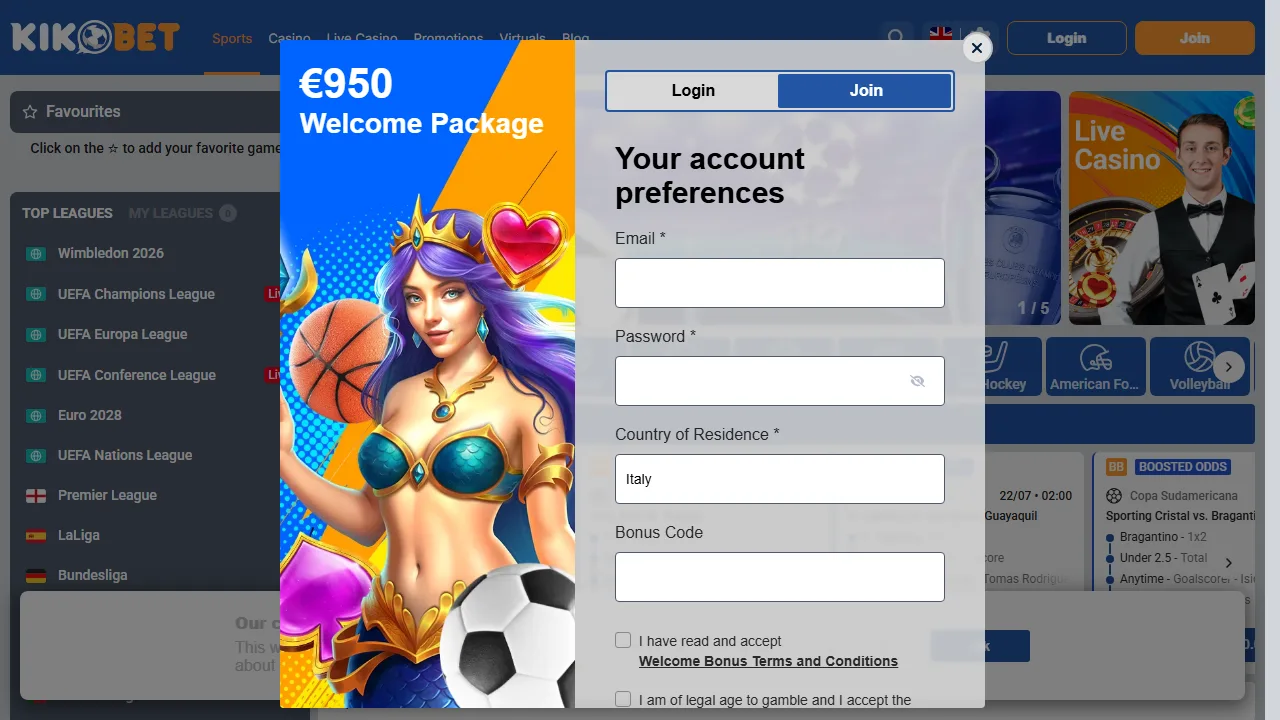 Il form di registrazione di kikobet