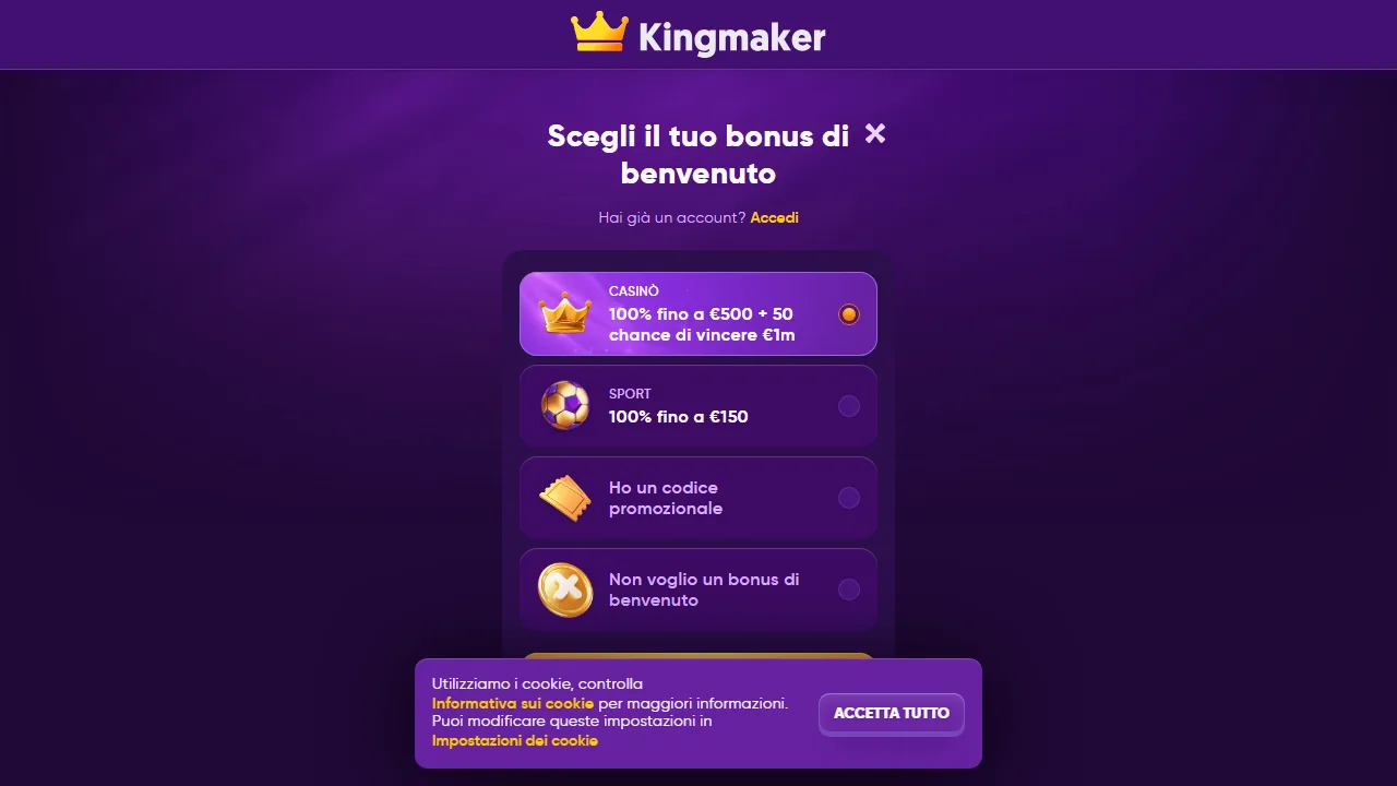 Il form di registrazione di kingmaker-casino