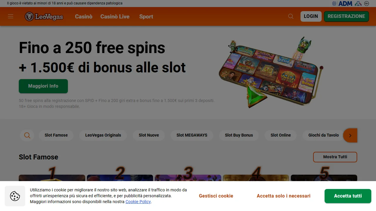 La homepage di leovegas