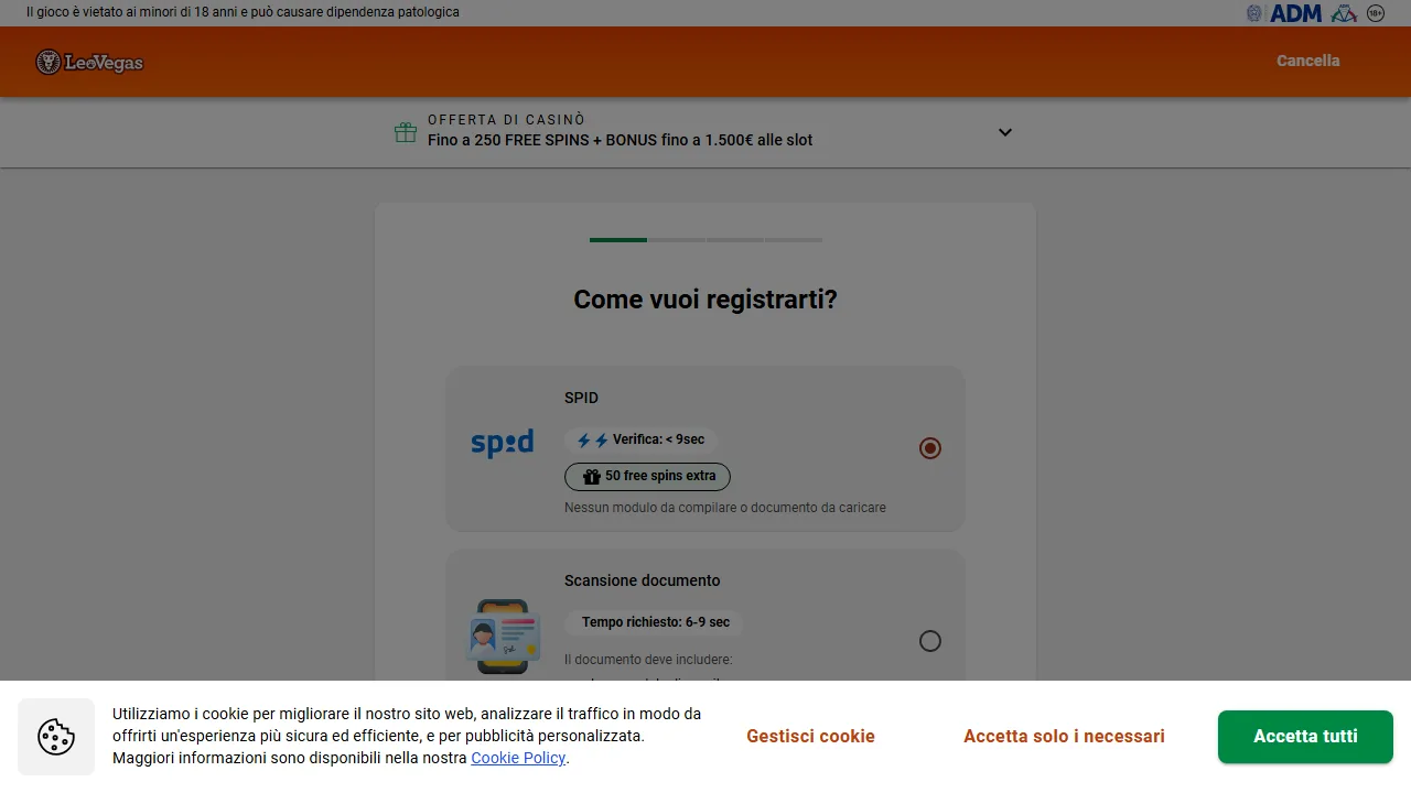 Il form di registrazione di leovegas