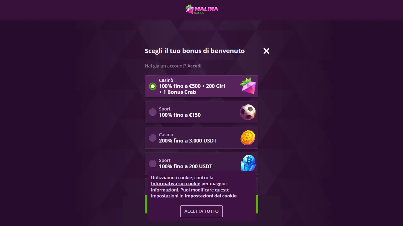 Il form di registrazione di malina-casino