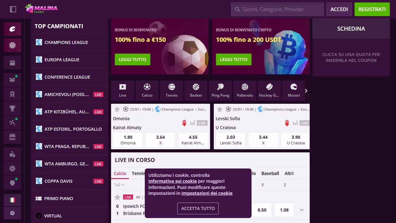 La sezione scommesse sportive di malina-sport