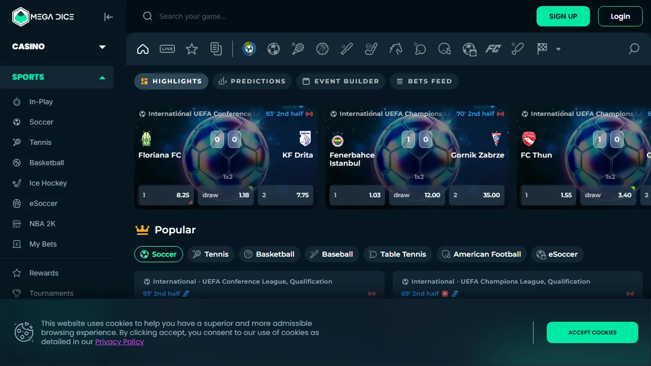 La sezione scommesse sportive di megadice