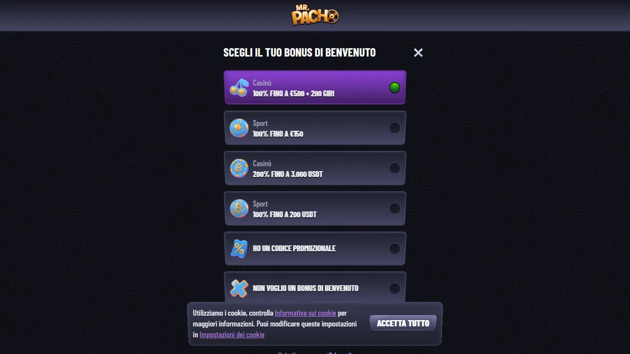 Il form di registrazione di mr-pacho-casino
