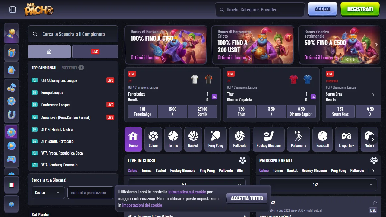 La sezione scommesse sportive di mr-pacho-casino