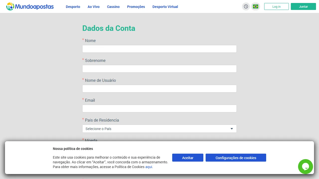 Il form di registrazione di mundo-apostas