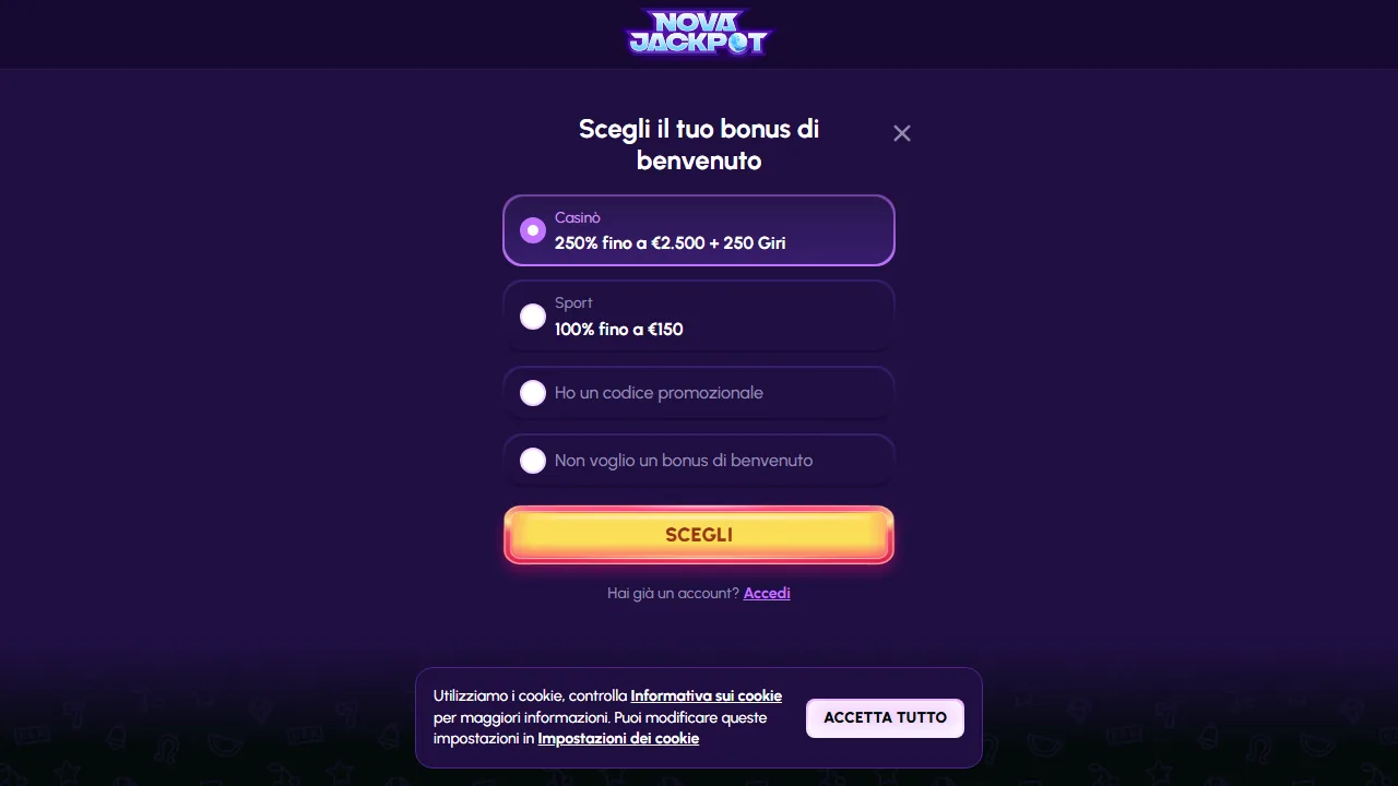Il form di registrazione di nova-jackpot-casino