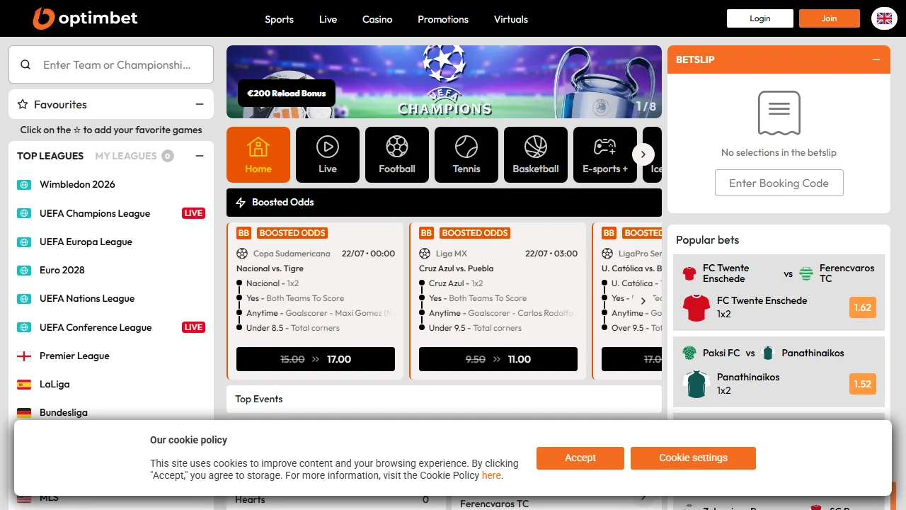 La homepage di optimbet
