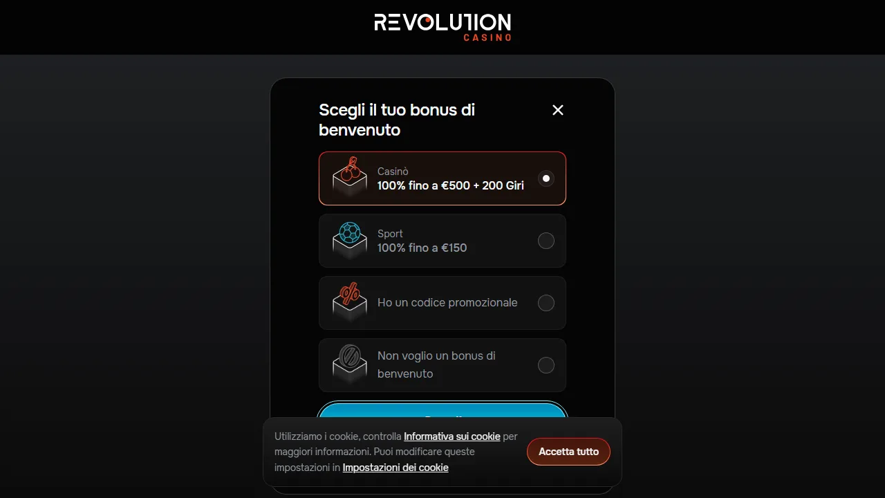 Il form di registrazione di revolution-casino