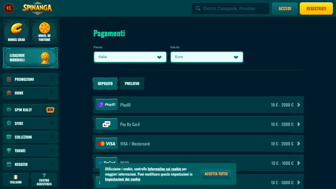 I metodi di pagamento di spinanga