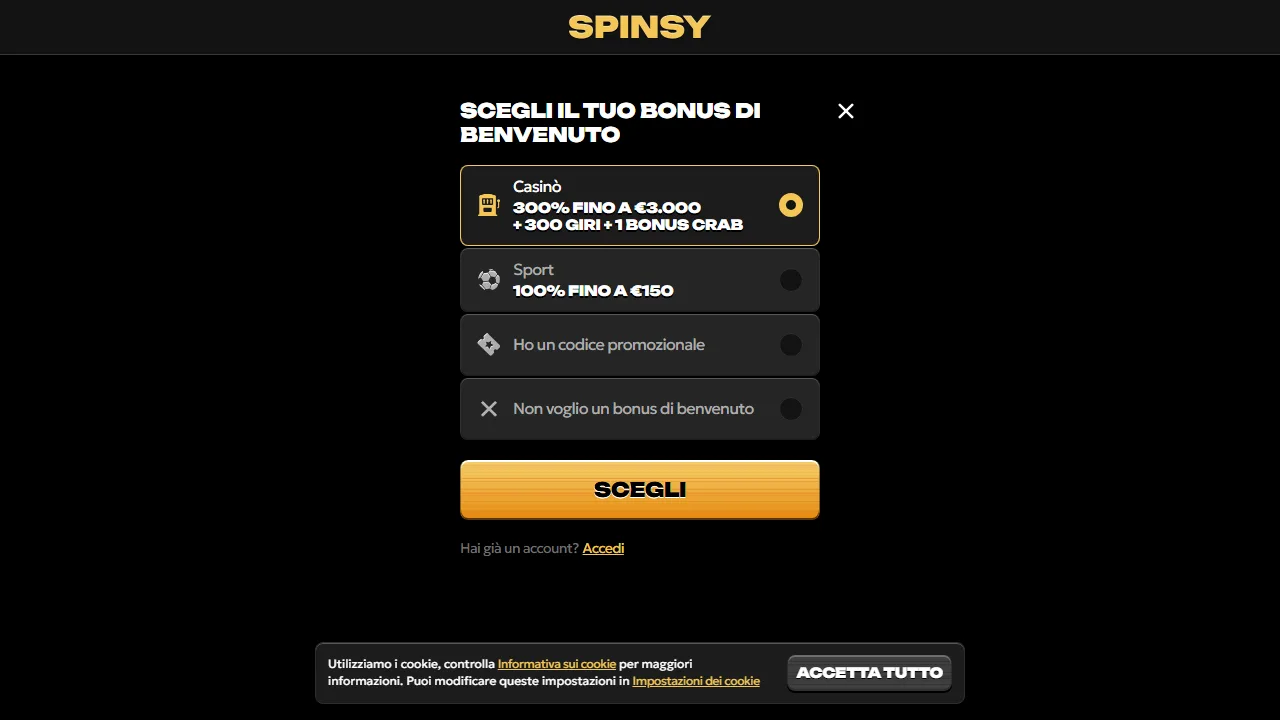 Il form di registrazione di spinsy