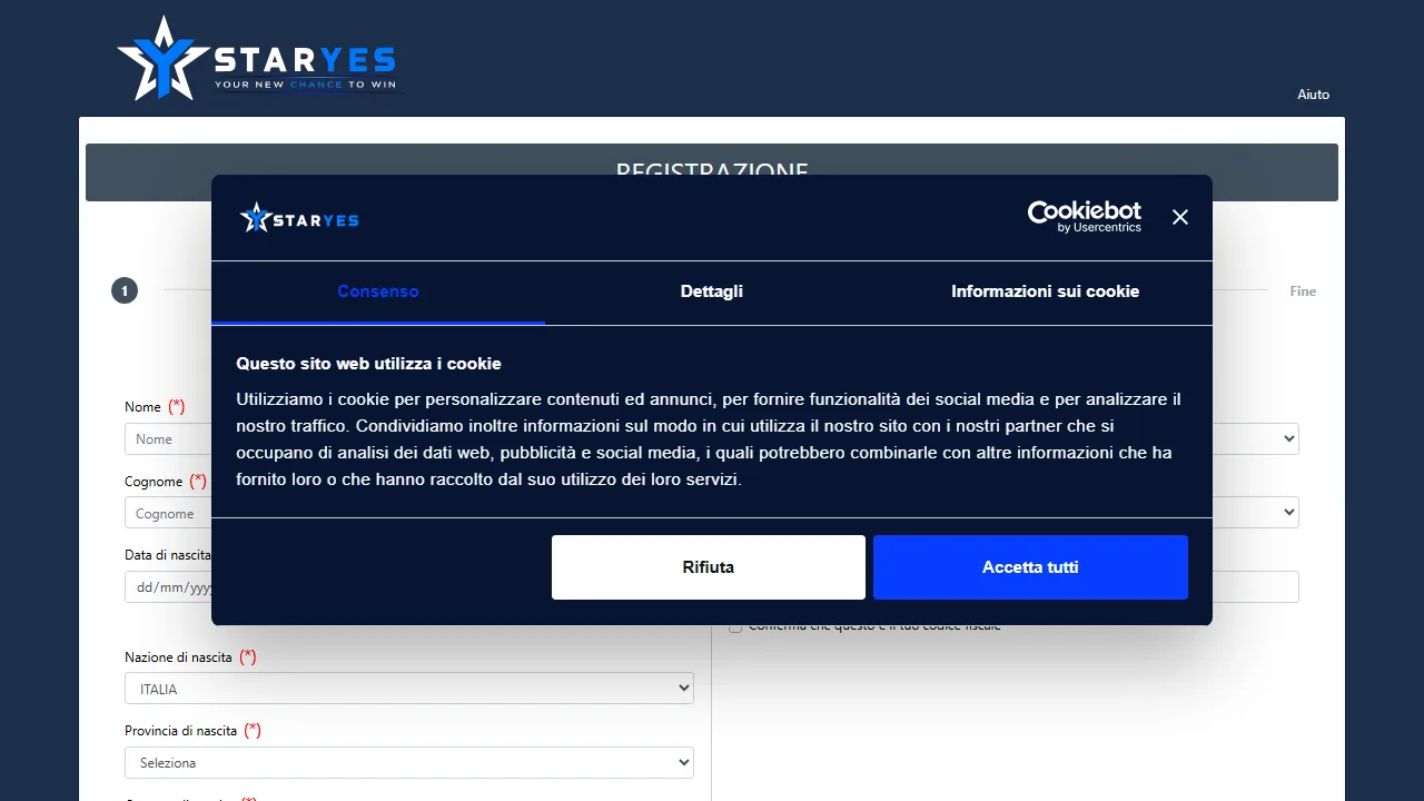 Il form di registrazione di staryes