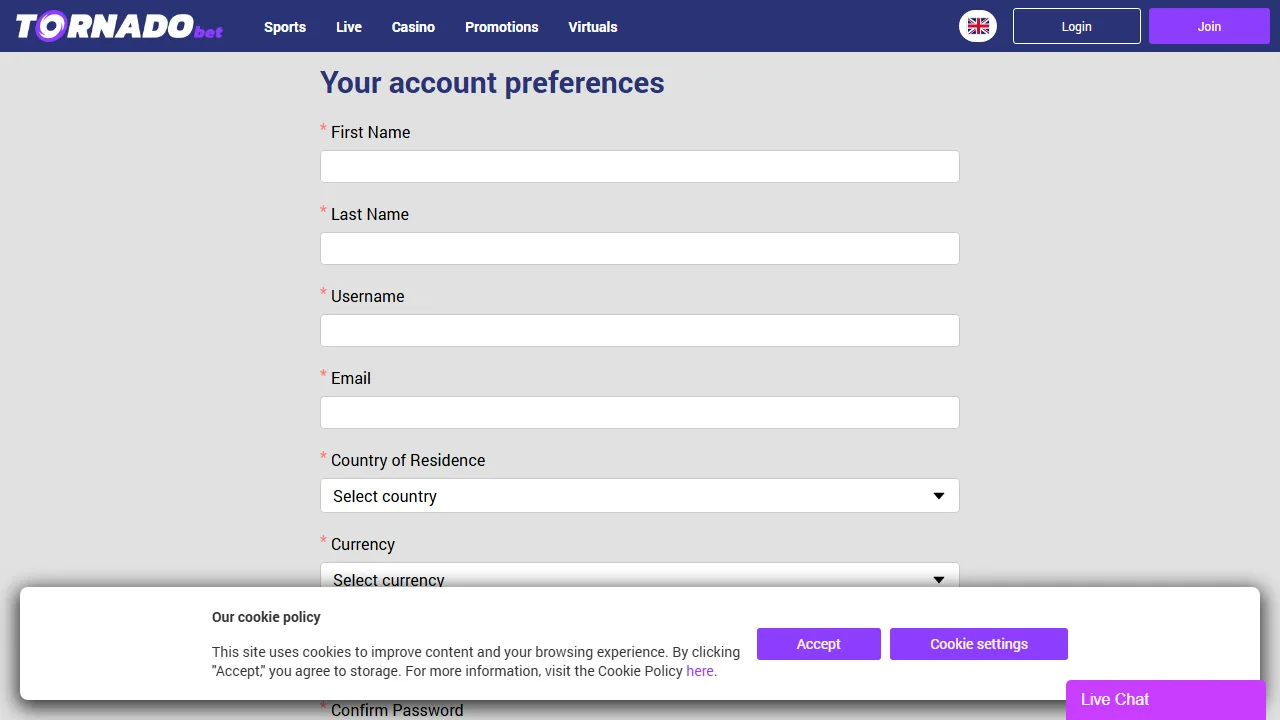 Il form di registrazione di tornadobet