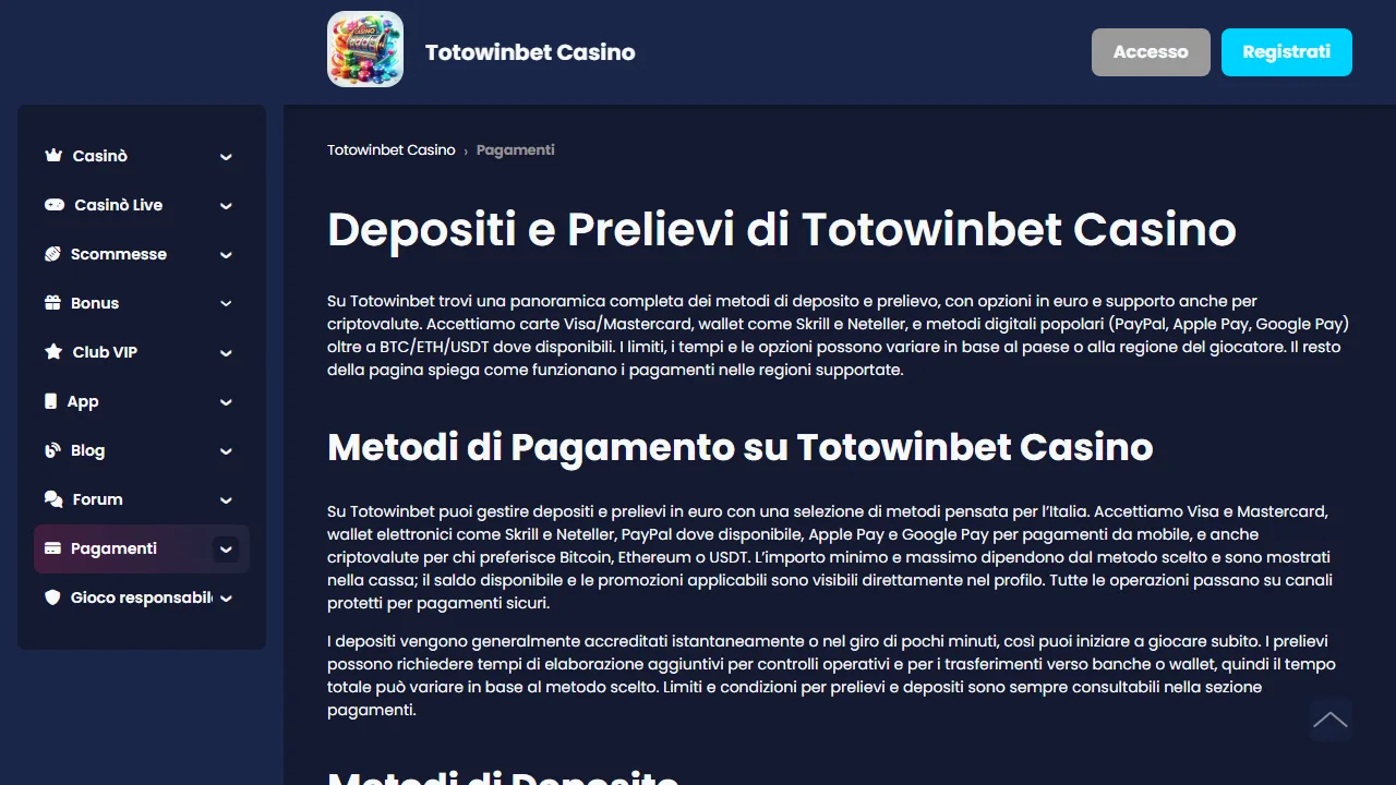 I metodi di pagamento di totowinbet
