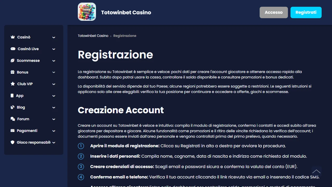 Il form di registrazione di totowinbet