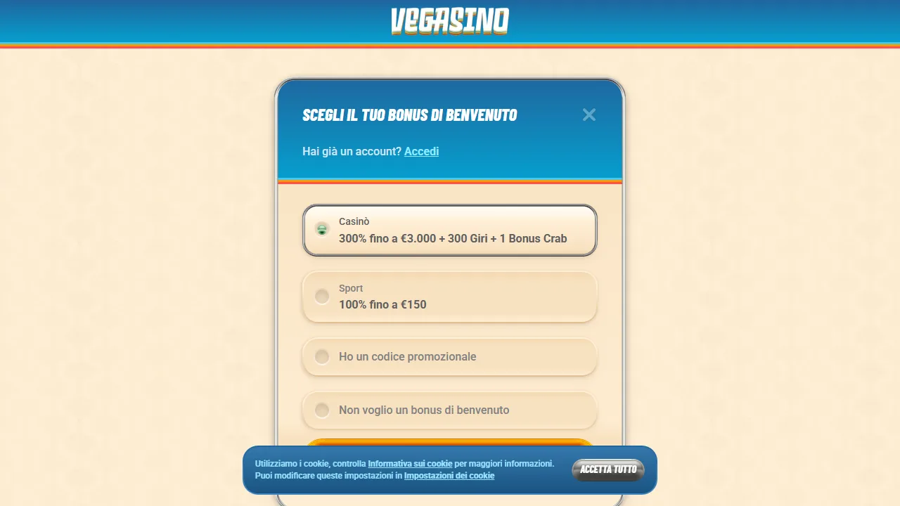 Il form di registrazione di vegasino