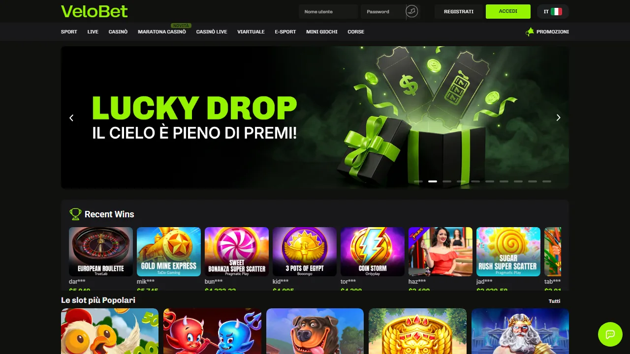 La homepage di velobet