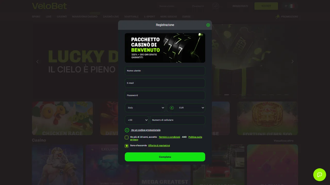 Il form di registrazione di velobet